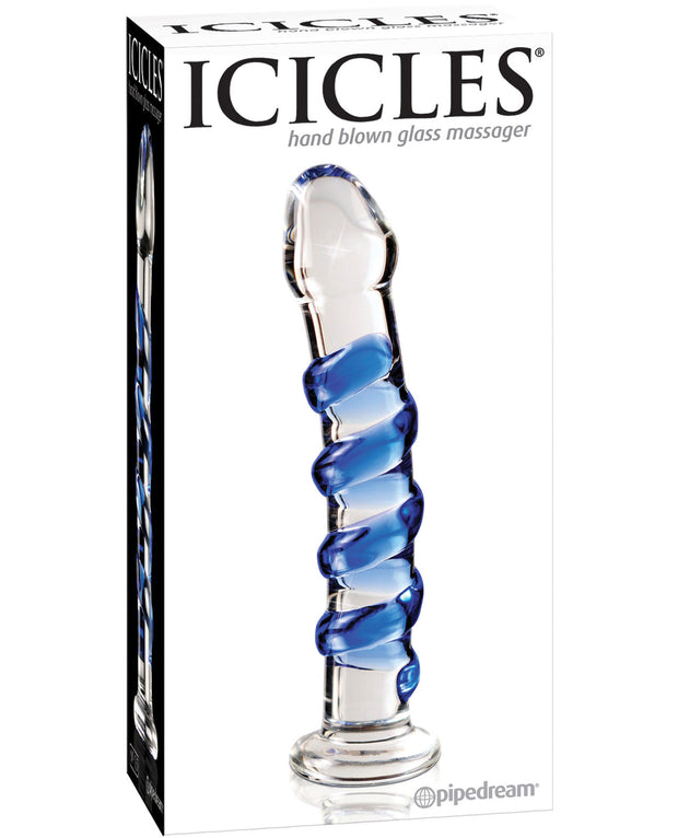 Icicles No. 5 Hand Blown Glass Massager - Clear W-blue Swirls